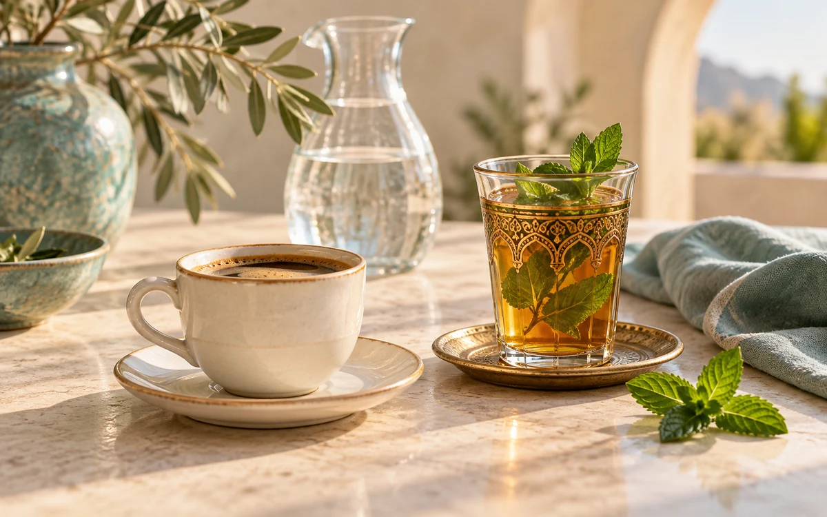 Tasse de café et verre de thé à la menthe à côté d’une carafe d’eau, dans une ambiance douce et lumineuse.