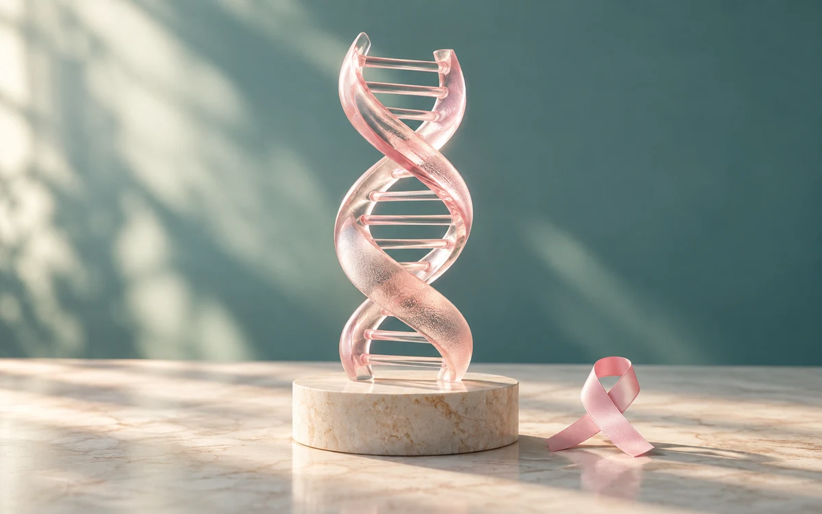 Double hélice symbolique en verre rose et petit ruban rose, illustration douce de la prédisposition génétique.