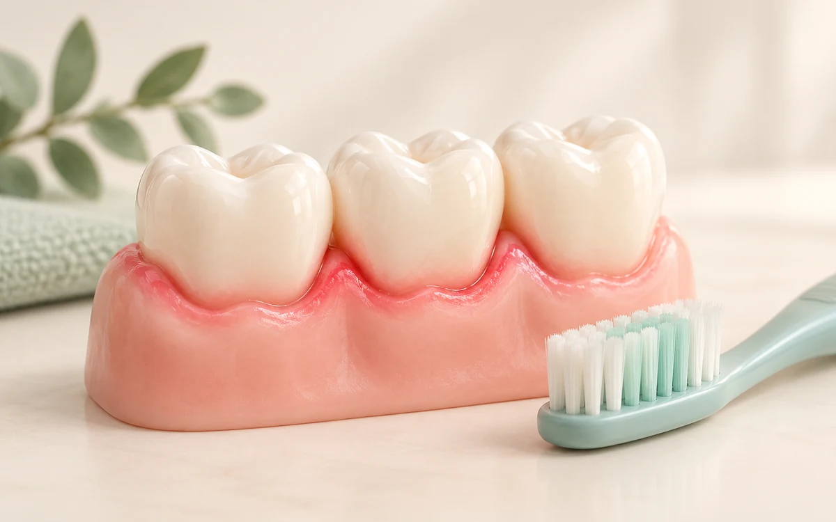 Modèle simplifié de trois dents sur une gencive rose, accompagné d’une brosse souple, sans sang ni coupe anatomique.