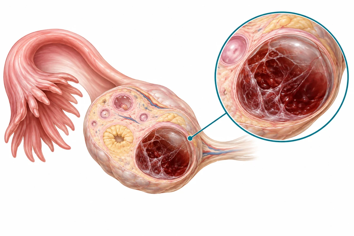 Coupe schématique d’un ovaire : du sang et des filaments de fibrine sont contenus dans un kyste. Cette image illustre un mécanisme ; elle ne permet pas de reconnaître son propre diagnostic.