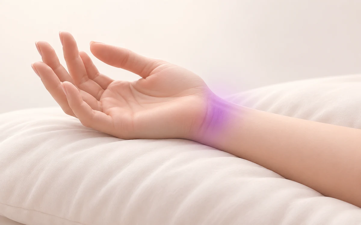 Illustration douce d’une main au repos sur un coussin avec un halo discret au poignet, sans anatomie interne