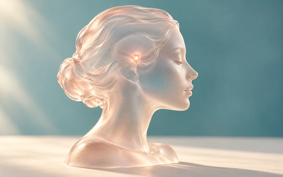 Profil féminin en verre rosé et lumière discrète évoquant la régulation hormonale, illustration conceptuelle.