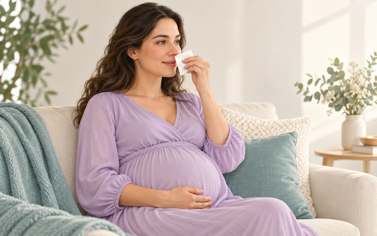 Illustration douce d’une femme enceinte tenant un mouchoir sous son nez, sans représentation de sang.